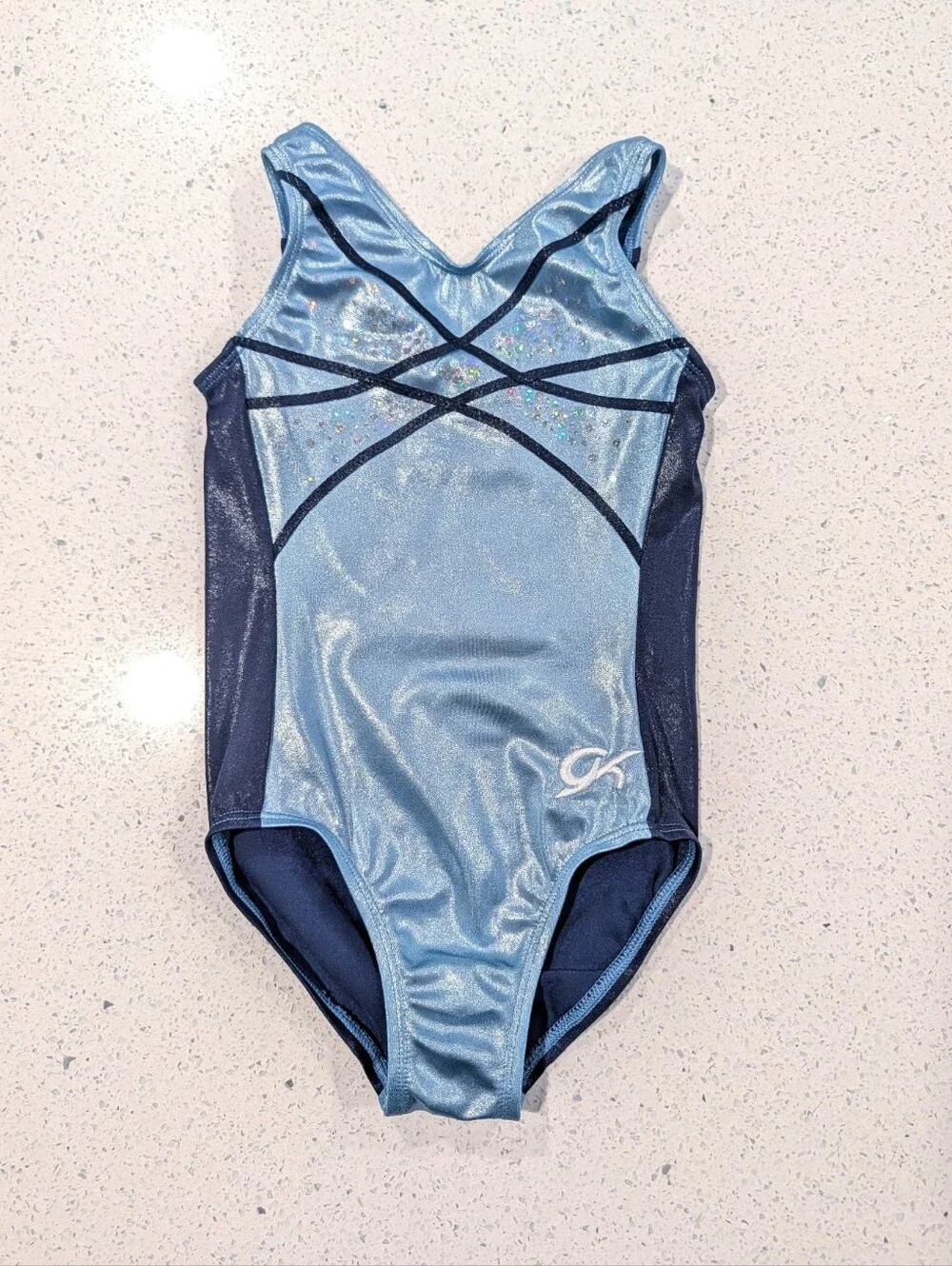 GK ELITE Gymnastics Dance Leotard CXS Child Extra Small POWDER Navy Blue SEQUINS